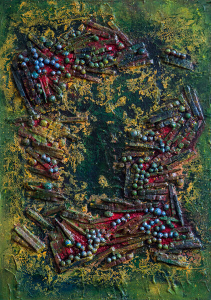 Venusfalle, Collagen mit Acrylfarben auf Leinwand, Format 70x50 cm