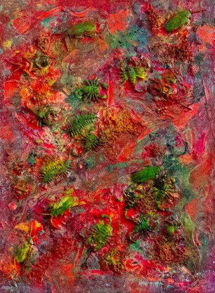 Das Grosse Krabbeln. Collagen mit Acryl auf Leinwand(2020), Format 40x30 cm